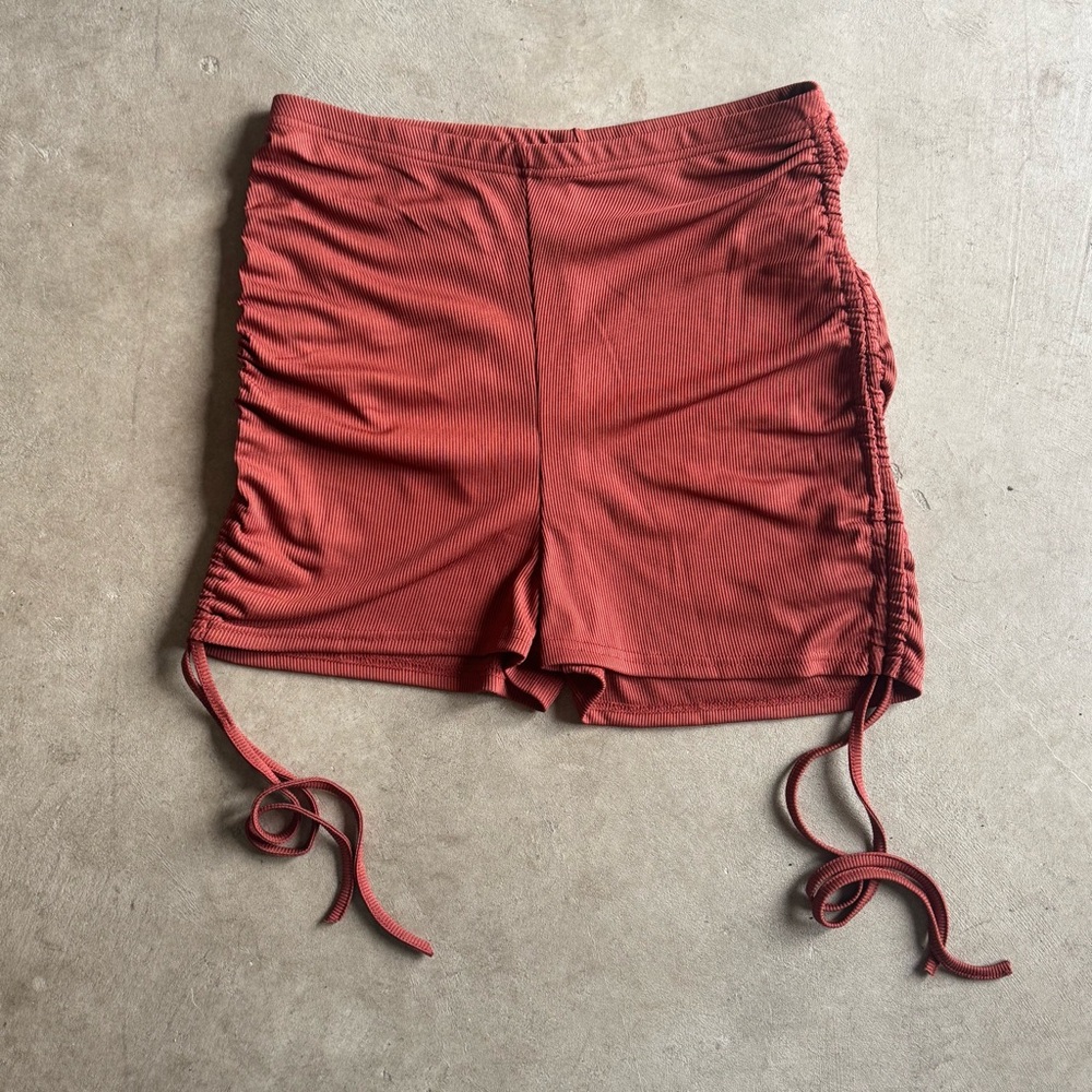 Coquette Shorts, High Waisted Ribbed Comfy Lounge Shorts, Burnt Orange Women's M